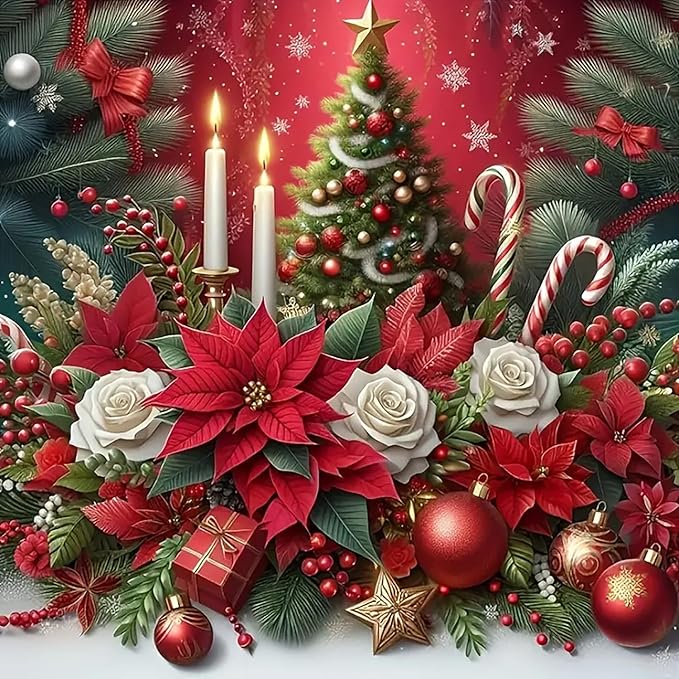 Christmas Poinsettia Tree Diamond Art Painting Kits for Adults, Candle Diamond Painting Kits for Adults Beginners, 5D DIY Full Drill Diamond Dot Gem Art Kits for Adult, Home Wall Decor 13.8x13.8 Inch