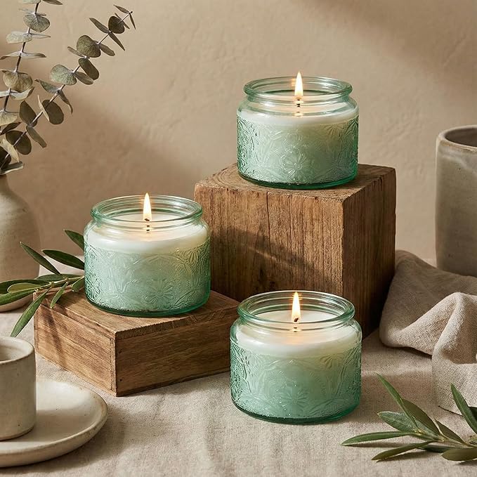 18-Pack 4oz Embossed Glass Candle Container with Bamboo Lids and Labels, Green Candle Jars for Making Candles, Mandala Design