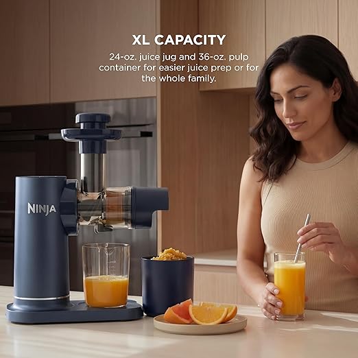 Ninja NeverClog Cold Press Juicer | Powerful Electric Slow Masticating Juicer with Pulp Control | XL Capacity | 24 oz. Juice Jug & 36 oz. Pulp Container | Dishwasher Safe | Navy | 150W | JC151NV