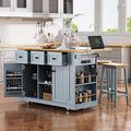 Amposei Kitchen Storage Island on Wheels with 2 Bar Stools, Rolling Drop Leaf Kitchen Island Cart with Power Outlet, Open Side Racks, Door Shelves and Towel Bar, 53-Inch, Grey Blule
