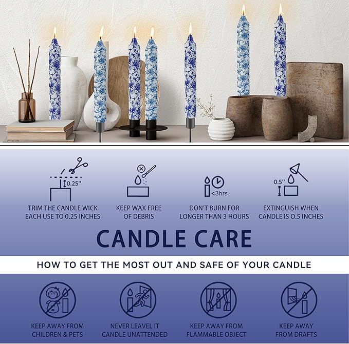 Long Blue and White Taper Candles 9 Inch Handmade Porcelain Style Wide Taper Candles Smokeless Unscented Clean Burning for Housewarming Gift New Home Entryway Cozy Hygge Bohemian Style Tall Decor