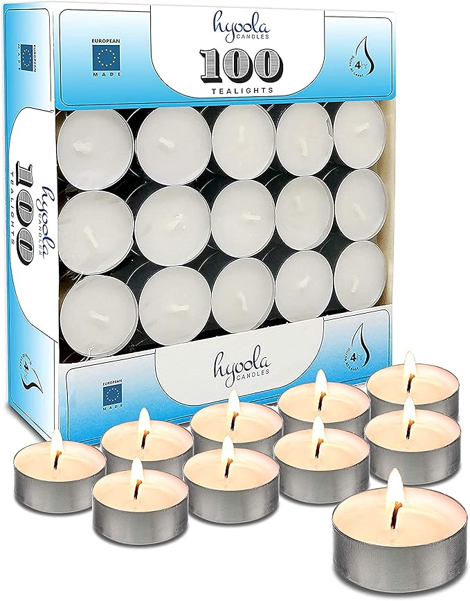 Hyoola Tea Lights Candles - 100 Bulk Candles Pack - Natural Palm Oil Tea Light - European Quality White Unscented Tealight Candles - 4 Hour Burn Time