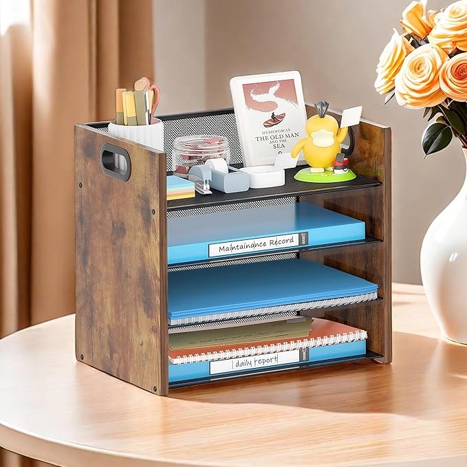 Wood Desk Organizer - 4-Tier Desktop File Organizer, Wooden Paper Organizer, Office Desk Organization for Accessories, Papers, Mail, Notebooks, Stationery