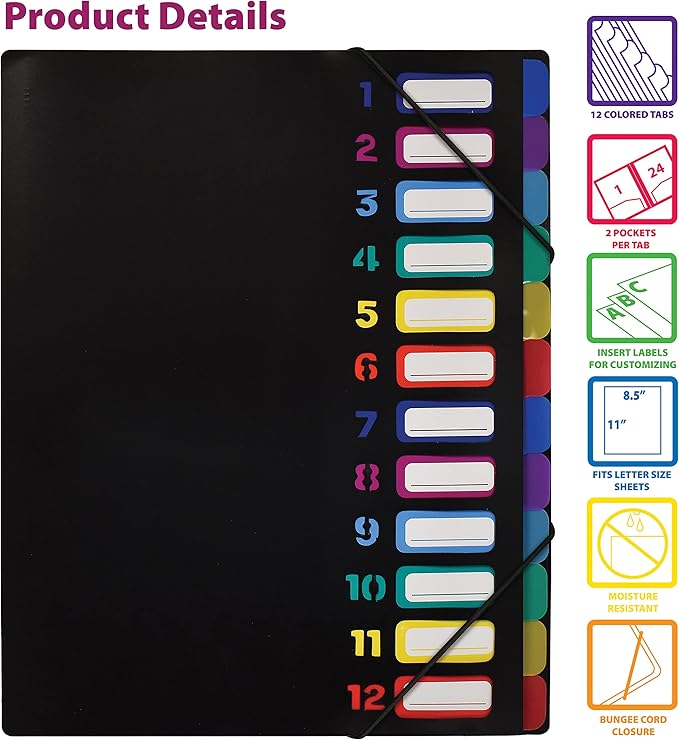 Better Office Products 24 Clear Pocket Expanding File Folder with 12 Colored Tabs, Letter Size, Holds 300 Sheets, Project File Organizer, Numbered Index on Cover,(1 Pack Black)