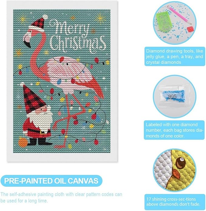 AIVKIEJK Diamond Painting Kits for Adults - Festive Flamingo Christmas Santa Hat Painting DIY 5D Full Drill Diamond Dots Paintings with Diamonds Gem Art and Crafts Home Decor 8"x12"