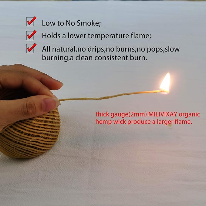 MILIVIXAY Thick Hemp Wick with Natural Beeswax Coating, Edible Grade Beeswax, 200 FT Spool, Thick Size (2.0mm),Unbleached, Un-dyed and 100% Organic, Perfect Alternative to Butane Lighters and Matches.