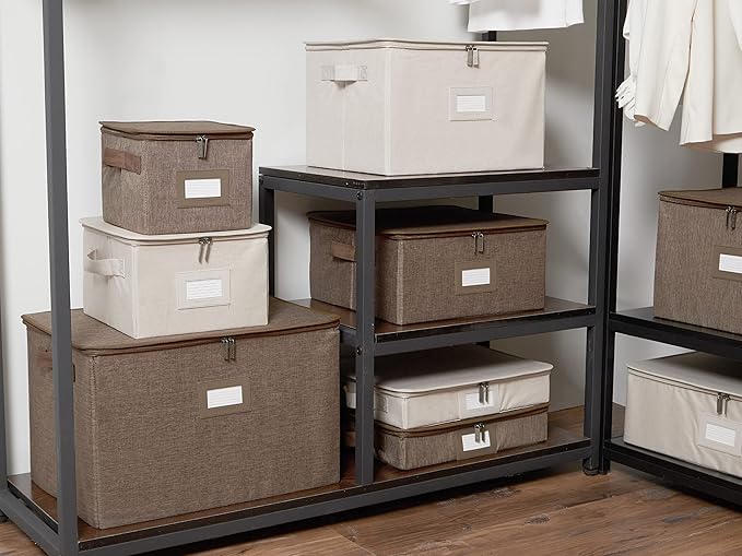 Covermates Keepsakes Zip-Top Storage Box Set, 3 Pack Heavy Duty Polyester Organizer Bins, Stackable Design, ID Window, Reinforced Handles, Closet Home Storage, Brown Heather