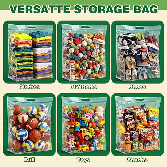 20 PACK 25 Gallon Extra Large Storage Bags, 35.5"x 24"x 7" Resealable Clear Zipper Bags with Handle, Heavy Duty Big Bag for Clothes Pillow Travel Moving, Expandable Bottom, 8 Mil Thick