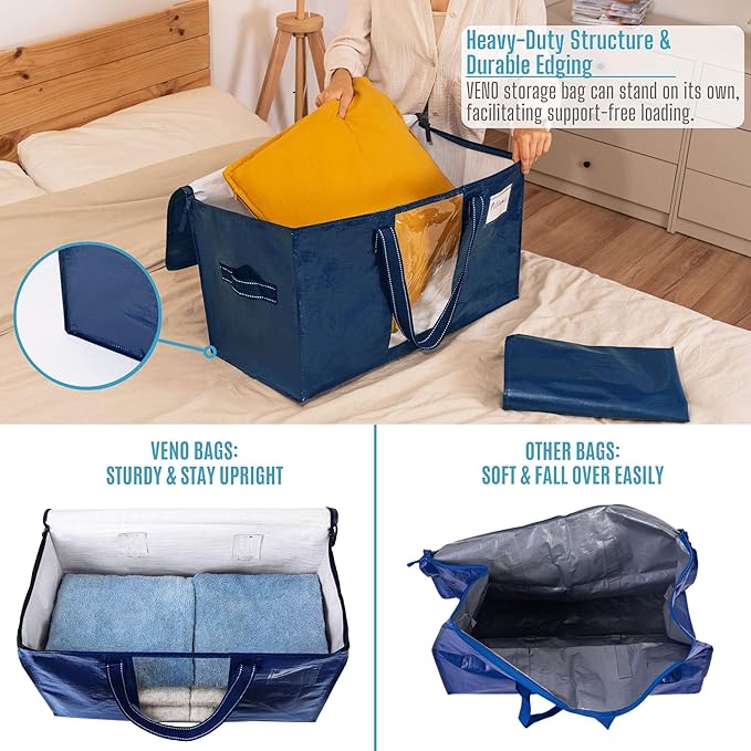 VENO 8 Pack Heavy Duty Moving Bags, Clothes and Comforter Storage Bags with Clear Window, College Dorm Essentials Packing Supplies, Foldable Boxes Alternative (Blue, 8 Pack)