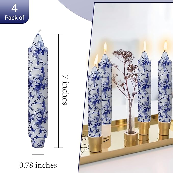 7 Inch Blue and White Short Taper Candles Hand Poured Unscented Smokeless Clean Burning Chinoiserie Taper Candles for Wedding Dinner Home Meditation Morning Coffee Ritual Breakfast Table Everyday