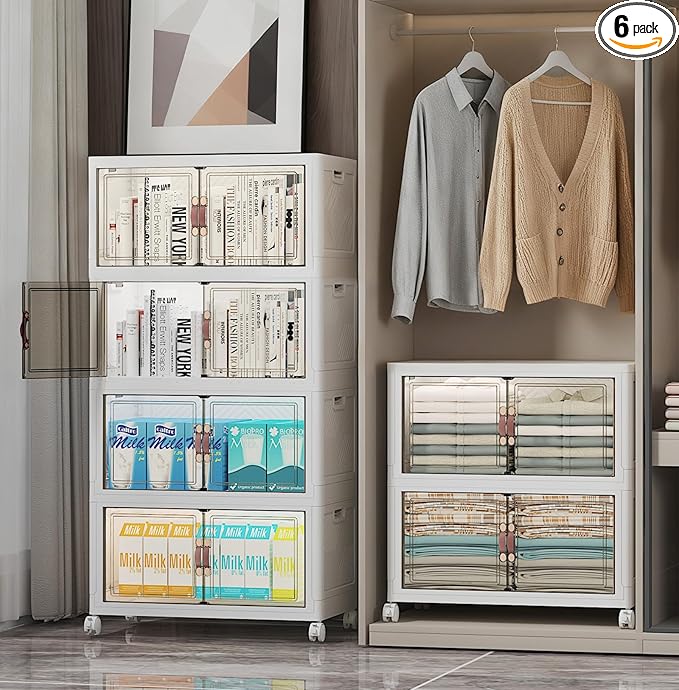Stackable Storage Bins with Lids, 312QT Closet Organizers and Storage with Doors and Wheels, Extra Large Storage Cabinet, Collapsible Plastic Drawers for Bedroom Dorm Office Garage