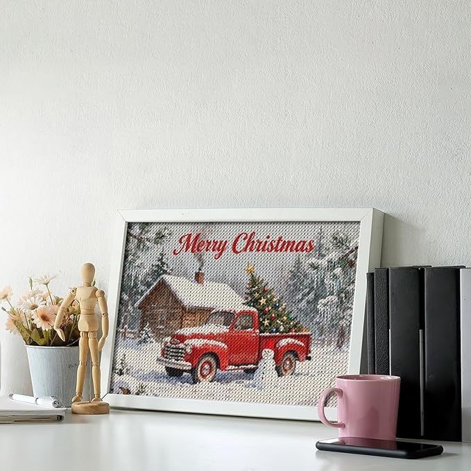 AIVKIEJK Diamond Painting Kits for Adults - Christmas Red Truck with Snowman, Snowy Cabin & Tree Painting DIY 5D Full Drill Diamond Dots Paintings with Diamonds Gem Art and Crafts Home Decor 8"x12"