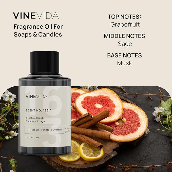 VINEVIDA [4 oz] Grapefruit & Sage; Fragrance Oil for Candle Making and Soap Making - Premium Candle Scents for Soy Candles