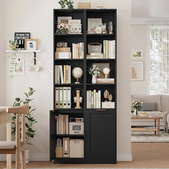 FACBOTALL 73.5" Tall Narrow Bookshelf, Tall Bathroom Storage Cabinet, Slim Bathroom Cabinet with Doors, 6 Tier Slim Bookshelf with Storage, Narrow Storage Cabinet for Living Room, Home Office, Black