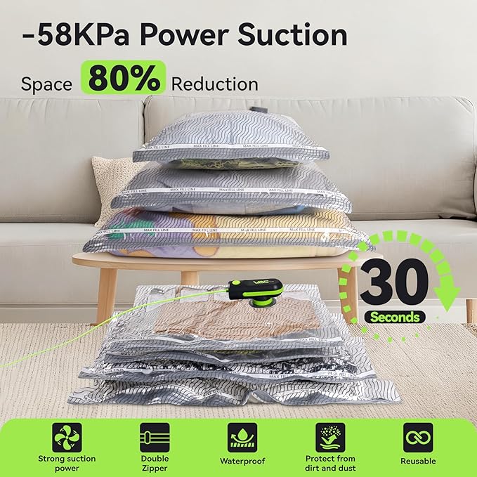 Vacuum Bags for Travel with USB & TYPE C Pump, Vacuum Seal Travel Bags, 15 Pack Carry-On Vacuum Storage Bags for Luggage & Suitcase, Space Saver for Clothes & Travel(Green)