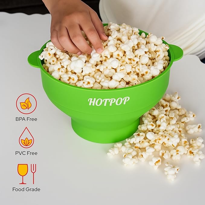 The Original Hotpop Microwave Popcorn Popper, Silicone Popcorn Maker, Collapsible Bowl BPA-Free and Dishwasher Safe- 20 Colors Available (Green)