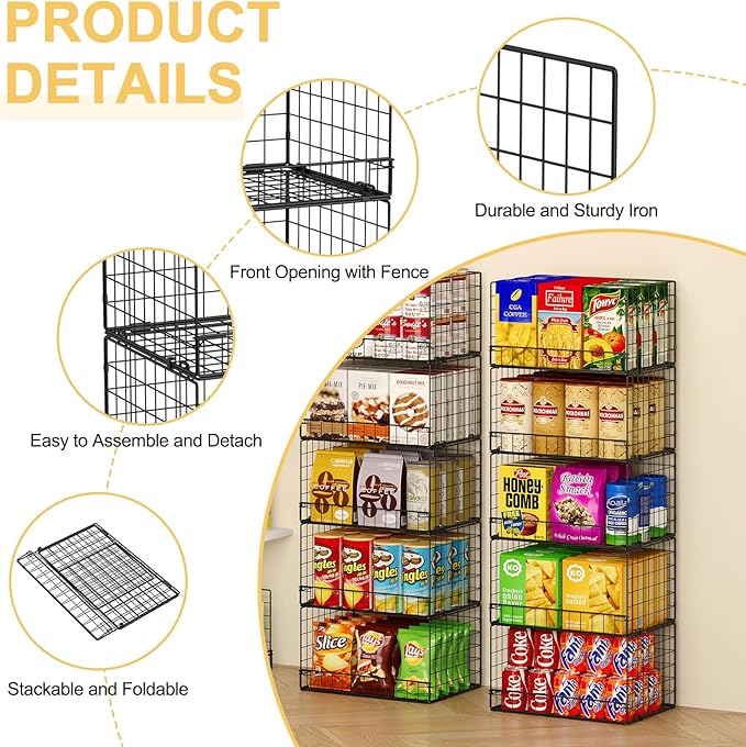 5 Pack Stackable Wire Baskets for Pantry Organizers and Storage, Large Pantry Baskets for Snack Organizer, Foldable Metal Storage Bins for Organizing Snack Can Fruit Vegetable & Toy
