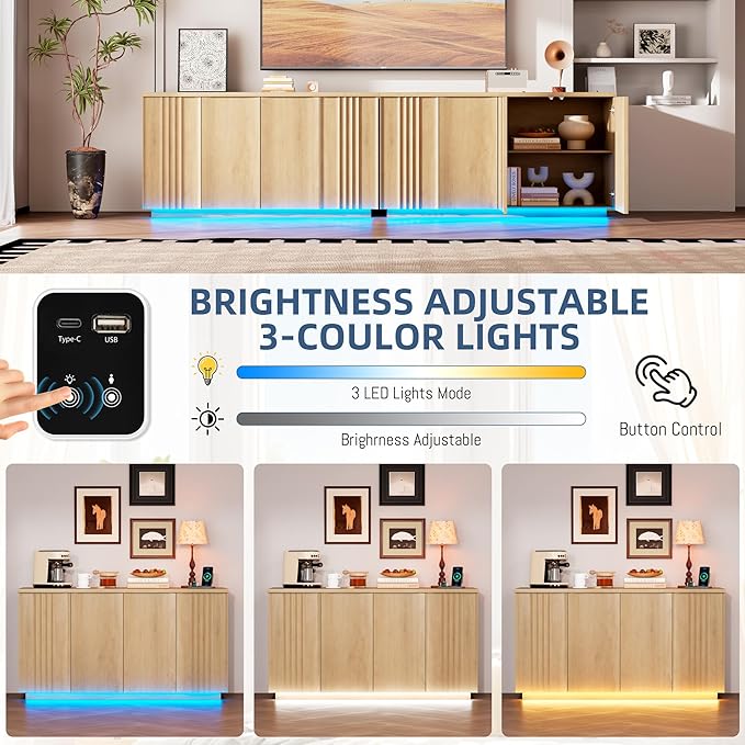 63'' Buffet Cabinet with Storage, Coffee Bar with 4 Doors & 2 Adjustable Shelves, Modern Sideboard Table with 3 Color LED Light for Kitchen (Wood)