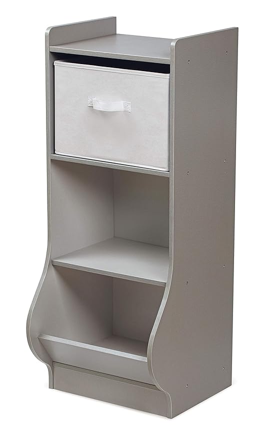 Badger Basket Upright Storage Nook with Reversible Basket - Melamine Surface, 2 Shelves & 1 Angled Bin, Customizable Storage Solution for Kids - Woodgrain Gray