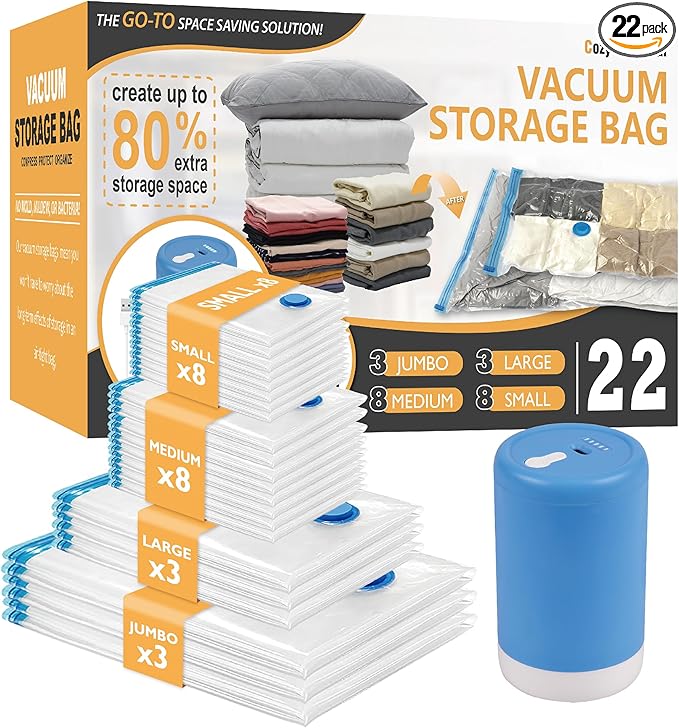 Cozy Essential Travel Vacuum Storage Bags with Rechargeable Cordless USB Pump, Space Saver Bags for Luggage, Suitcase, Carry-On, for Clothes, Blankets, Bedding & Seasonal Storage,22 Combo