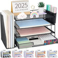 OPNICE Desk Organizer, 4-Tier Desktop File Organizer with Drawer and 2 Pen Holders, Office Desk Accessories, File Sorters, Workspace Organizers for Office Supplies(Black-2pack)