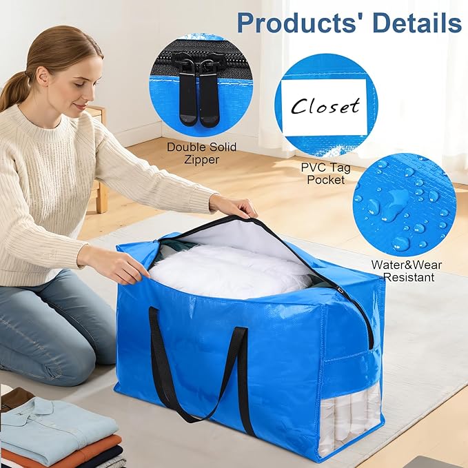 3Pcs Extra Large Heavy Duty Moving Bags with Reinforced Zippers & Handles, 67L Waterproof Storage Tote Bag Bins Alternative to Box Moving Supplies Space Saving for Travel College Dorm Essentials Blue