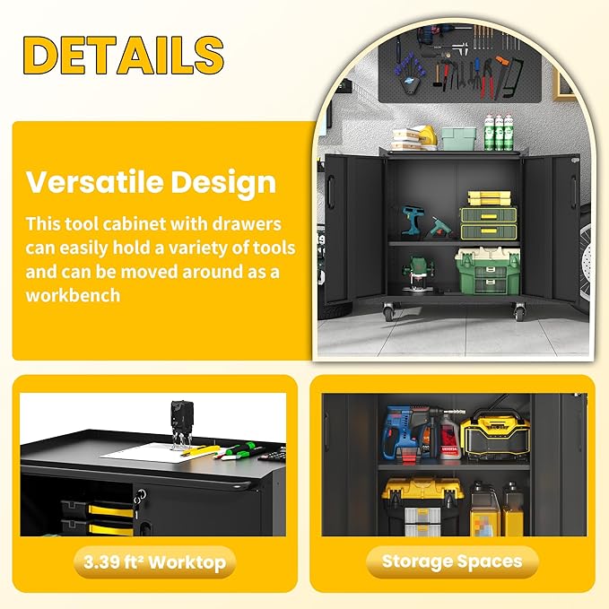 Garage Storage Cabinets with Wheels, Locking Metal Storage Cabinets with Doors and Adjustable Shelves, Easy Assembly Tool Cabinet for Garage,Basement,Warehouse