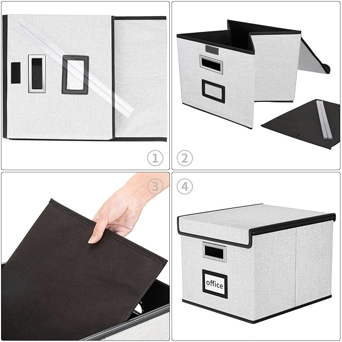 Huolewa File Organizer Box with Lid, Collapsible File Folder Organizer for Office Document Storage, Filing Box with Plastic Slide for Letter Size Hanging File Folders(1 Pack, White)