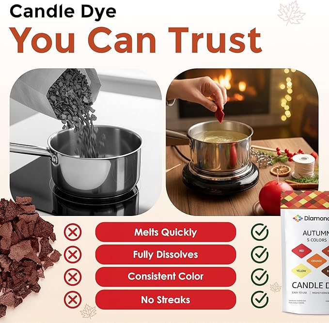 Candle Dye - Made in The USA - 5 Autumn Colors (Red, Brown, Orange, Yellow, Maple) for Paraffin or Soy Wax - Highly Concentrated - Great for Professionals or Hobbyist - 50 Dye Chips