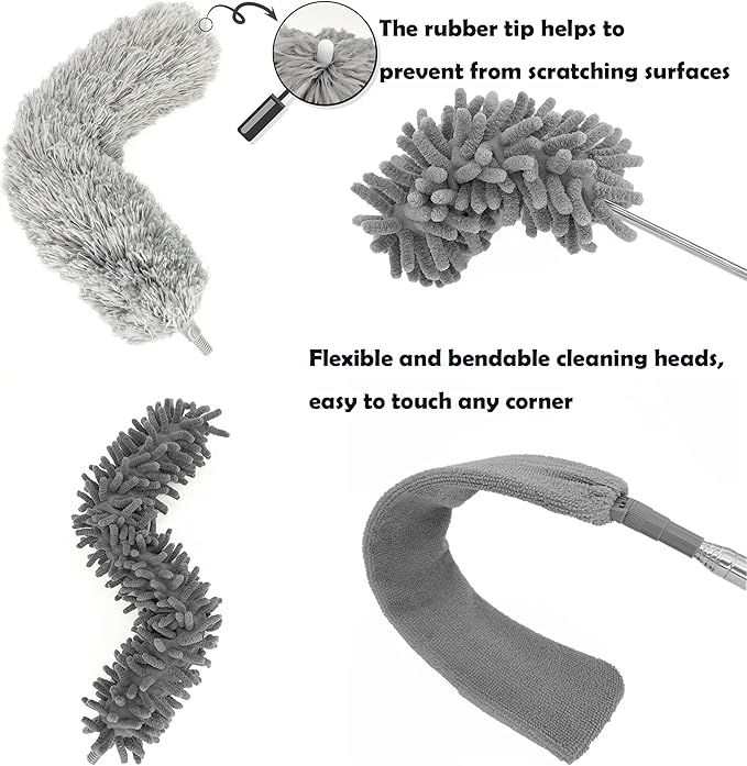 5-in-1 Microfiber Duster with Extension Pole (30-100") Kit for High Ceiling, Fan, Cobweb, Blind & Furniture, Bendable Washable Heads, Reusable Dusters for Cleaning