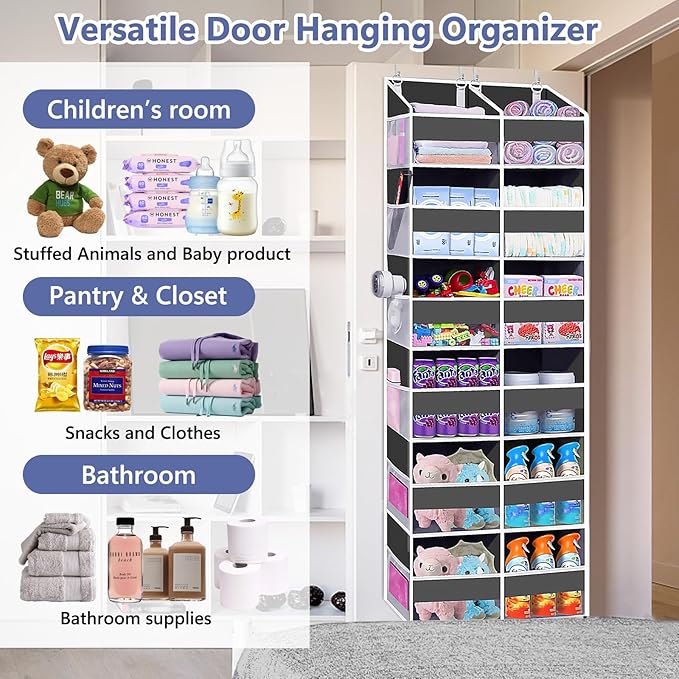 Heavy Duty Over The Door Organizer 6 Tiers, Extra Large Behind Door Storage of 12 Big Front & 12 Mesh Pockets, 80lb Weight Capacity, Hanging Doors Storage for Closet Bedroom Nursery, Gray