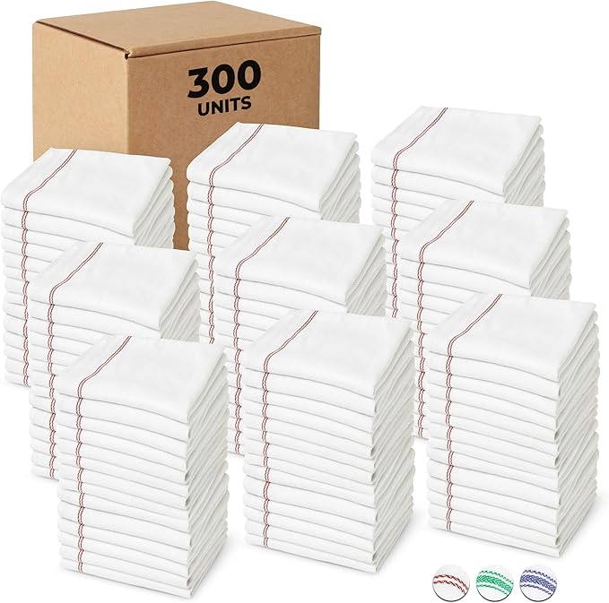 Bulk Economy Wholesale Kitchen Dish Towels (300 Towels) - 100% Cotton Herringbone - Commercial Grade - Bleach Resistant - Restaurant Bar Mops - 24 oz/dz - White with Red Stripes
