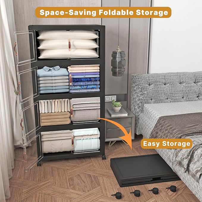UAMFURI Stackable Storage Bins with Lids, 1280QT Closet Organizers and Storage with Doors and Wheels, Extra Large Storage Cabinet, Collapsible Plastic Drawers for Bedroom Kitchen Office Garage