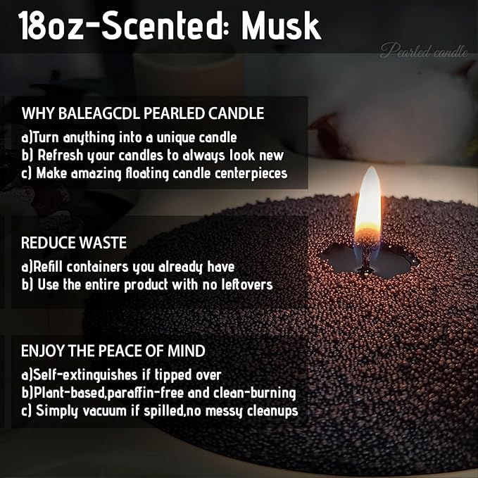 Suede & Silence Pearled Candle 18 Oz with 30 Wicks - Musk Scented Sand Candles Black Refillable Wax Lasts Up to 120 Hours Smooth and Clean Burning for Candle Making DIY