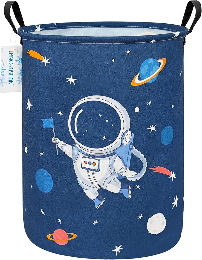 LANGYASHAN Laundry Basket Canvas Fabric Collapsible Organizer Basket for Storage Bin Toy Bins Gift Baskets Bedroom Clothes Children Nursery Hamper (Blue Space Astronaut)