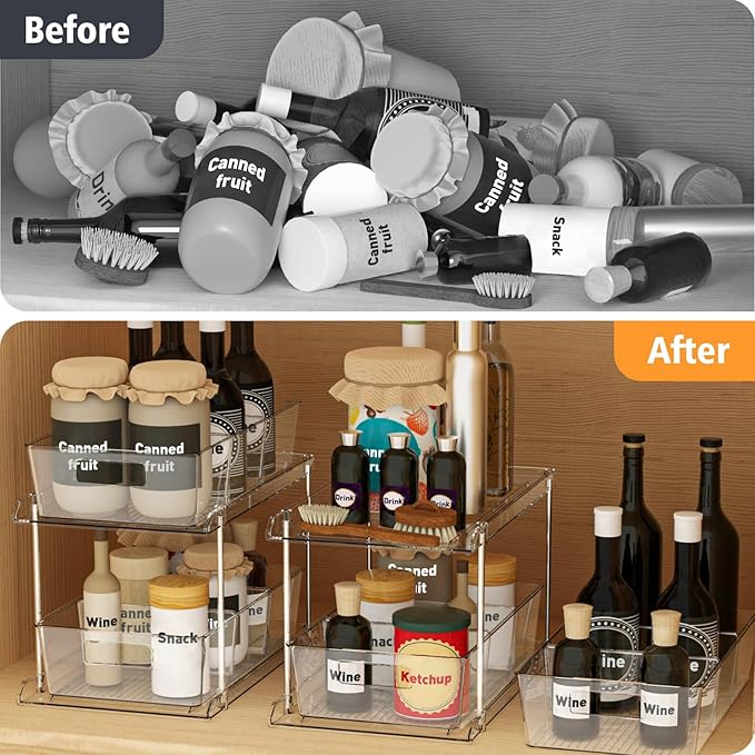 Fabspace 3-Pack Pull-Out Home Organizers, 2 Tier Clear Bathroom Organizer with Dividers, Multipurpose Vanity Counter Tray, Kitchen, Closet Organizers and Storage Container Bins for Cabinet, Pantry