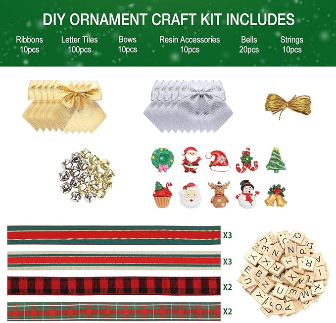 Christmas Ornaments Tree Decorations Personalized Crafts for Girls Adults Kids Kit DIY Ribbon Letter Tiles Bells Rustic Stockings Name Tags Hanging Xmas Decor for Gifts Wreath Room Holiday