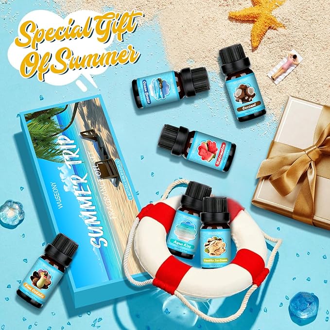 WUSEONY Summer Fragrance Oils Set, Premium Essential Oils for Diffuser, Natural Aromatherapy Oils for Soap Candle Making - Ocean Breeze, Coconut, Pina Colada, Watermelon, Vanilla Ice Cream, Aqua Kiss