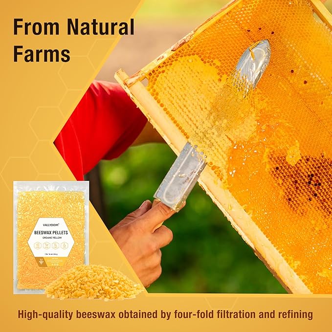 VALLYDOM Organic Beeswax Pellets - 453g Yellow Beeswax Pastilles, Pure Natural Bulk Bees Wax Pellets for DIY Beeswax Making Candles Skin Care Lip Balm Soap Lotion (1lb)