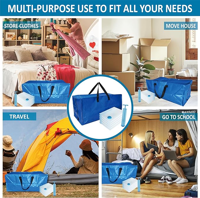 10 Pack Heavy Duty Extra Large Moving Bags with Backpack Straps & Vacuum Storage Bags, Moving Totes with Handles for Space Saving, Christmas Storage Bags for Wreaths, Garlands, Decoration & Ornaments