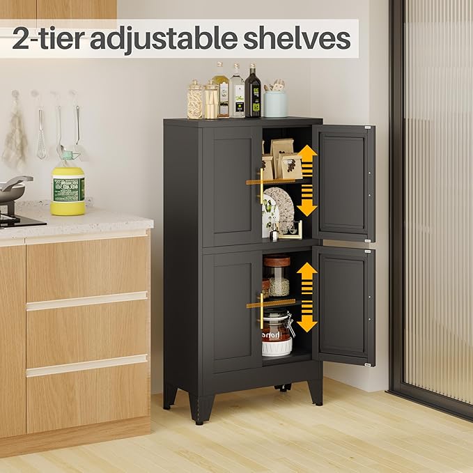 47“H Black Metal Bathroom Storage Cabinet, Kitchen Pantry Cabinet with Doors and 3 Adjustable Shelves, Bathroom cabinets Organizer, for Home Office, Bedroom