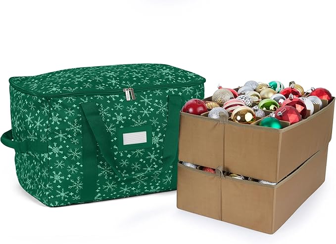Covermates Keepsakes Adjustable Ornament Storage Bag – Heavy-Duty Polyester, Padded Dividers & FlexGrid Trays – Protective Holiday Ornament Organizer with Handles & Label Window, Green Snowflake