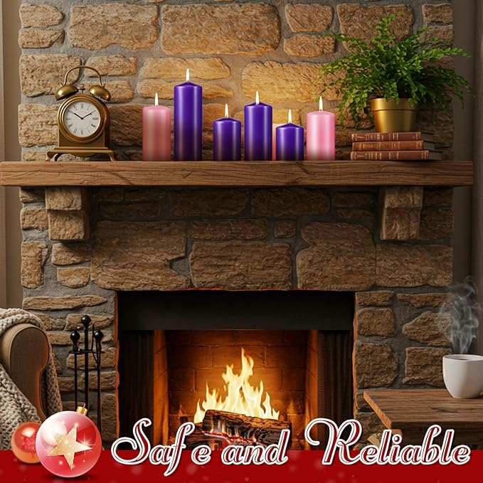 Amylove 8 Pcs 3 x 6 Inch Advent Pillar Candles Set Pink Purple Christmas Unscented Lasting Burning Church Candles for Advent Wreath Holiday Gifting