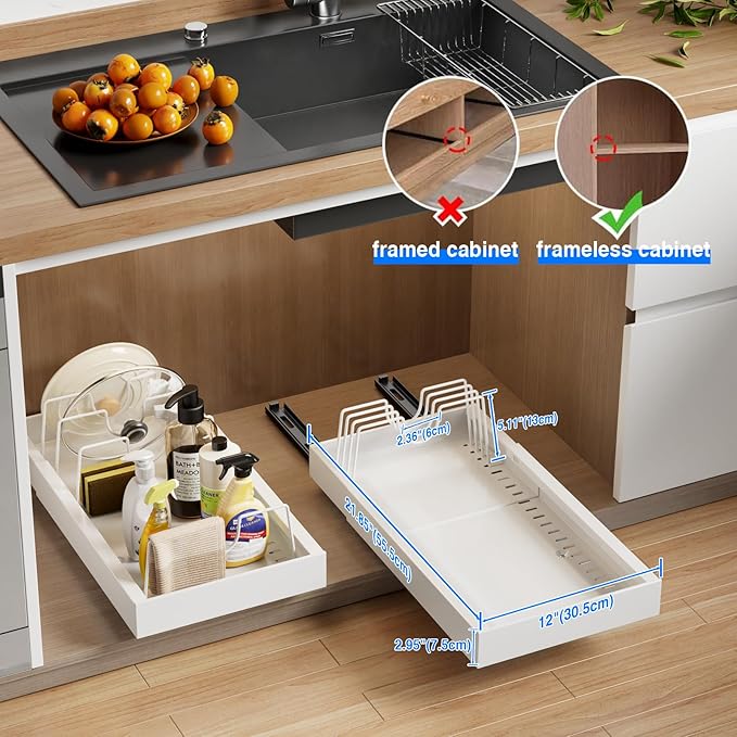 MUSTORN 2 Pack Pull Out Cabinet Organizer with 8 Dividers, 21.8" Deep Slide Out Drawer for Cabinets Adhesive Pull Out Drawers Heavy Duty Pull Out Shelf for Kitchen, Cupboard, Pantry, Bathroom(White)