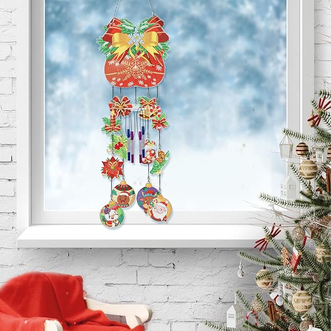 Christmas Balls Diamond Art Wind Chime Hanging Ornament DIY Kit 5D Diamond Art Painting Christmas Wind Chimes Hanging Pendant Double Side Special Crystal Paint by Number Garden Tree Home Window Decor