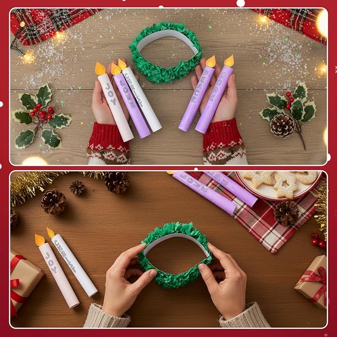 Eaasty 24 Set Christmas Advent Wreath Craft Kits Stand up Advent Tissue Paper Wreath Craft with Christ Peace Joy Love Hope Candle Paper DIY Holly Leaves Tissue for Christmas Activities