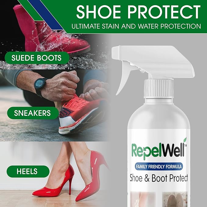 RepelWell Shoe & Boot Stain & Water Repellent (12oz) Eco-Friendly, Pet-Safe Spray Keeps Fabric, Leather & Suede Clean & Dry