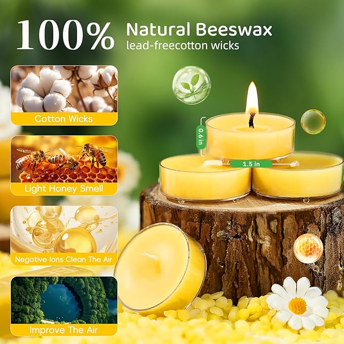 12 Pack Pure Beeswax Tea Light Candles-Natural Beeswax Tealight Candles-2 Hour Short Burn Time Tea Candle for Meditation, Yoga,Shabbat and Home Decor Air Purifying-Smokeless