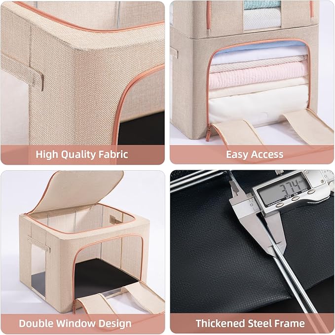 GuliPostan 24L Stackable Clothes Storage Bins with Metal Frame Handles & Zipper, Collapsible Closet Organizer Box with Lid for Bedding Blankets Towel (Beige,1 pack)