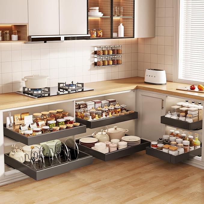 Seinloes 6 Pack Pull out Cabinet Organizer 21"Deep with Raising Pad for Framed Cabinets, Expandable Slide out Drawers for Kitchen Cabinets with 6pcs Divider Racks, Roll out Shelves 12.1"-20.4" W Black
